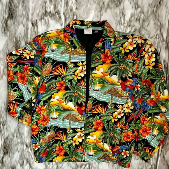 Surf Crush Tiki Vtg Sz S Hawaiian Print Zip Up Jacket CB Casual Macaw Tropical - Picture 8 of 12